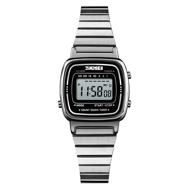 Digital Square Face Watch with Calendar And Alarm - Steel Silver