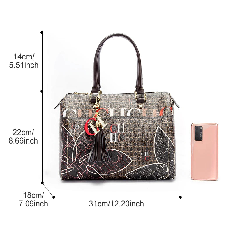 Refined Jacquard Motif Bowling Handbag with Tassel