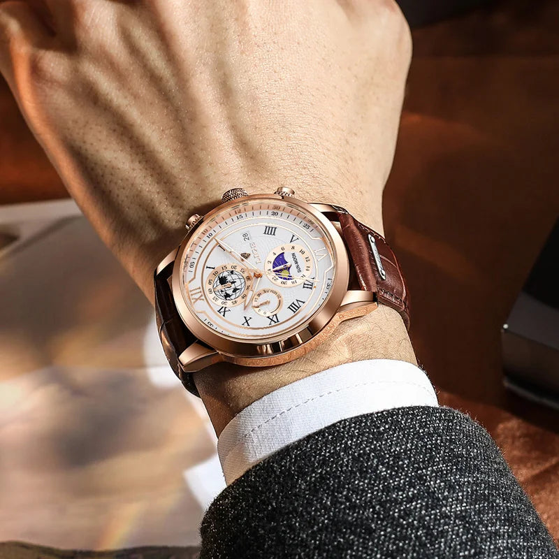 Moon Phase Chronograph Watch with Roman Numeral Dial