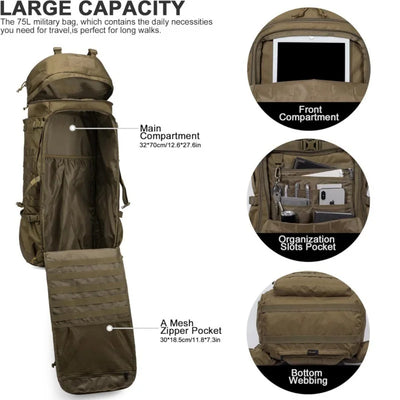 Tactical Mountaineering Backpack 75L Capacity