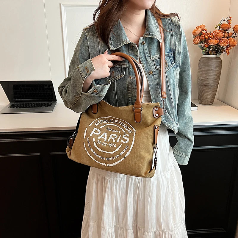 Paris Stamp Tote Bag with Convertible Carrying Strap