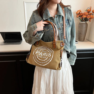 Paris Stamp Tote Bag with Convertible Carrying Strap