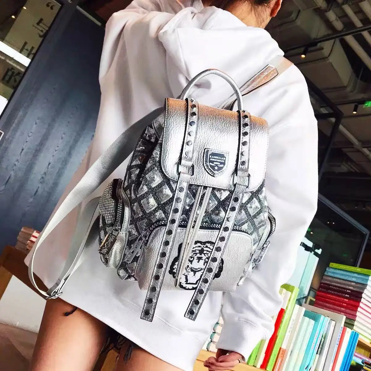 Backpack with Studded Straps and Polished Detailing - WO2MEN