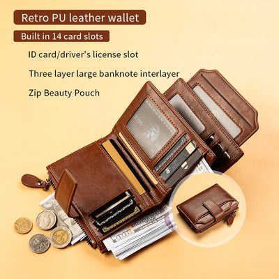 Retro Card Wallet With Zippered Coin Pocket and Strap - WO2MEN