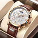 Elegant Moon Phase Chronograph Watch with Leather Strap - Rose Gold White