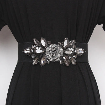 Flower Beaded Elastic Cummerbund Belt Rhinestone Rose