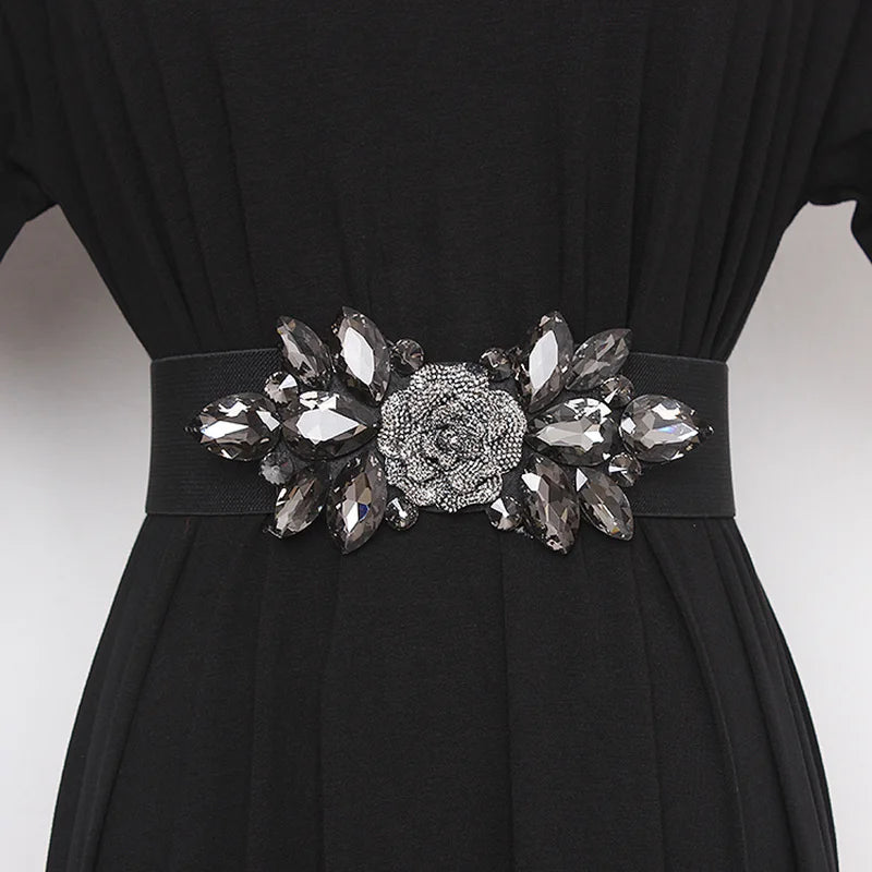 Flower Beaded Elastic Cummerbund Belt Rhinestone Rose