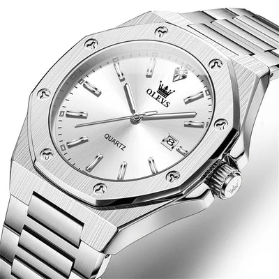 Stainless Steel Quartz Wristwatch with Date Display - Silver White