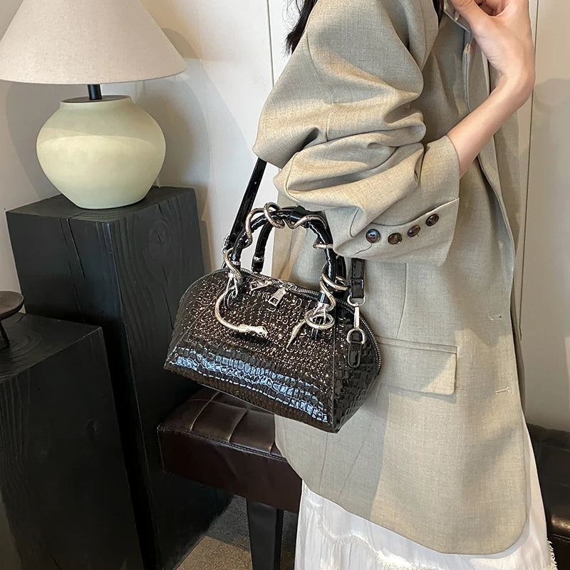 Snake Hardware Crocodile Pattern Top Handle Handbag