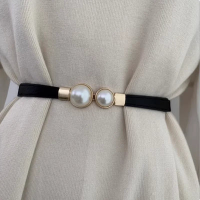 Korean Women Thin Elastic Belt Double Pearl Buckle