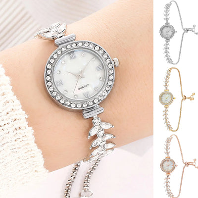 Round Bracelet Watch with Leaf Motif Band Elegant