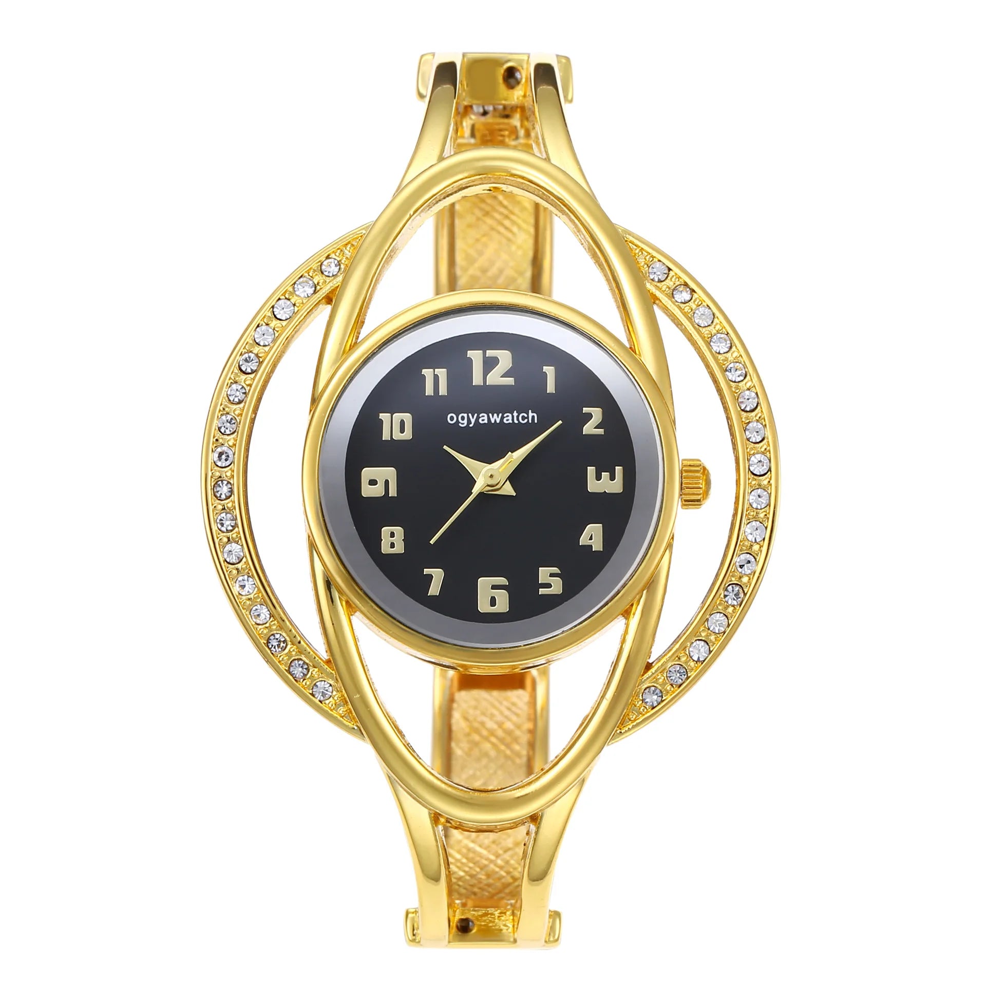 New Womens Gold Metal Wristwatch with Crystal Accents