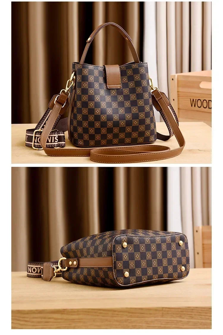Checkerboard Bucket Bag With Straps And Metal Hardware