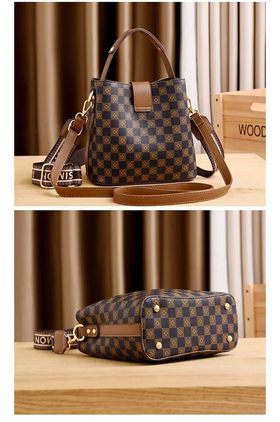 Checkerboard Bucket Bag With Straps And Metal Hardware