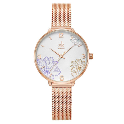 Watch Floral Dial Mesh Strap Timepiece for Everyday - WO2MEN