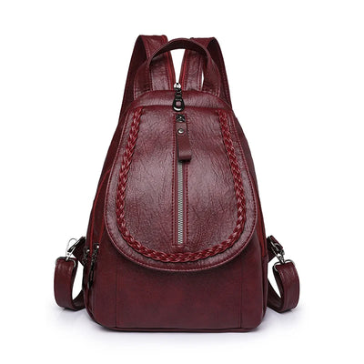 Soft Leather Backpack With Braided Flap Zipper Pocket