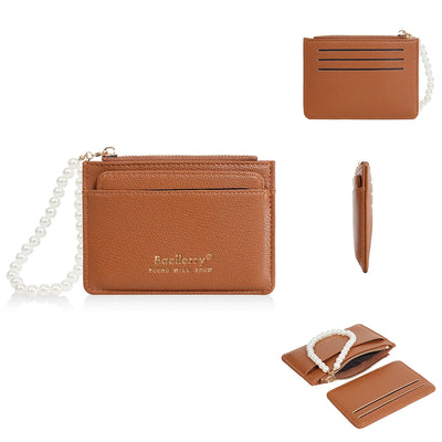Pearl Chain Wallet Card Holder with Zipper Pocket - Brown