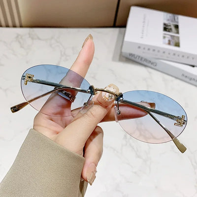 Sunglasses Diamond Oval Rimless with F Accent Frame - WO2MEN