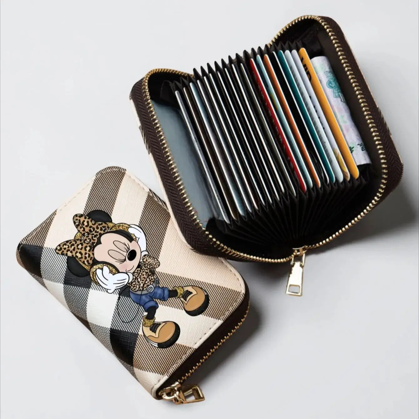 Wallet With Checkered Minnie Print Zipper Card Slots - WO2MEN