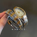 Gilded Crystal Snake Bangle Watch with Diamond Rim - Silver Gold