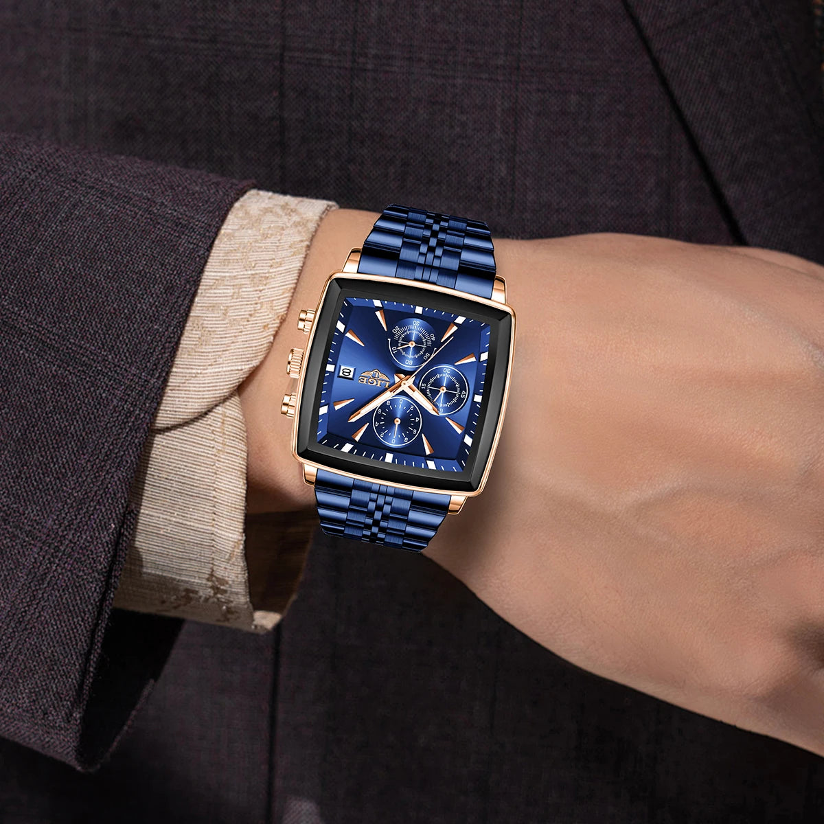 Square Chronograph Timepiece With Bold Geometric Dial
