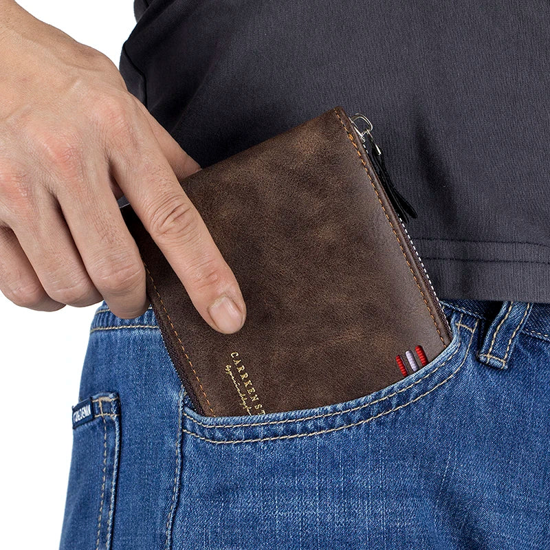 Trifold Zipper Wallet with Vintage Craft Symmetry Line - WO2MEN