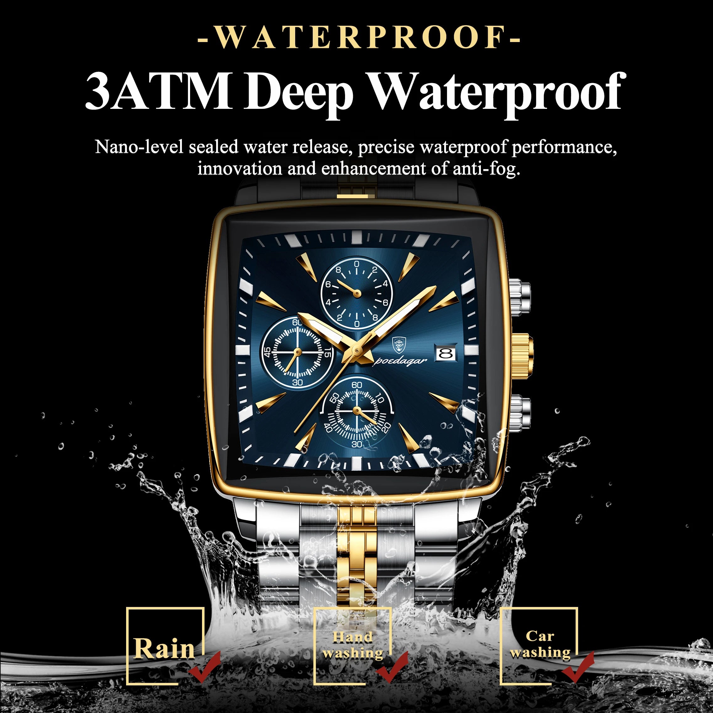 Square Chronograph Timepiece With Luminous Hands Plus