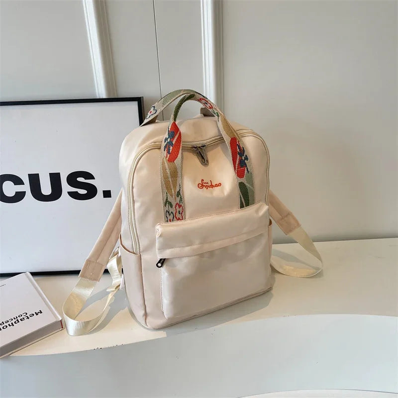 Backpack with Floral Strap Front Pocket Large Capacity - Beige