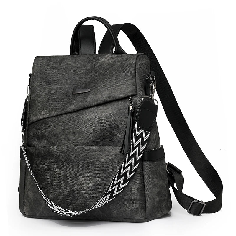 Backpack Large Capacity Tassel Accessory Included - Black
