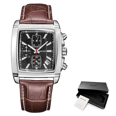 Rectangular Chronograph Watch with Luminous Hands - Brown Black Box