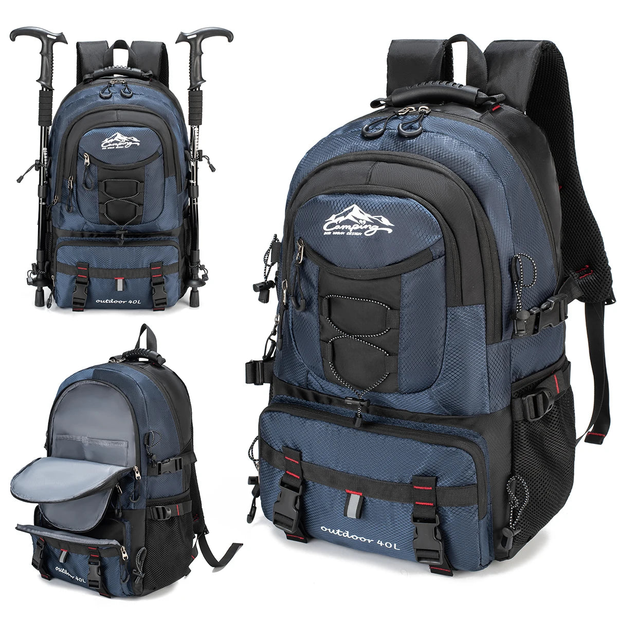 Large Capacity Hiking Backpack with Multiple Pockets - Blue