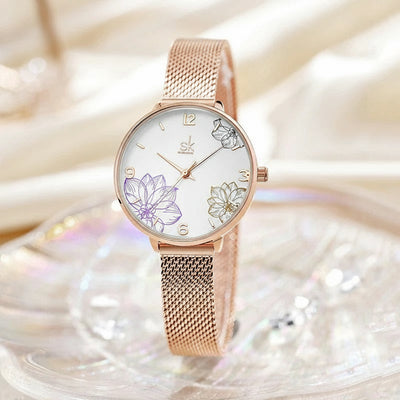 Watch Floral Dial Mesh Strap Timepiece for Everyday - WO2MEN