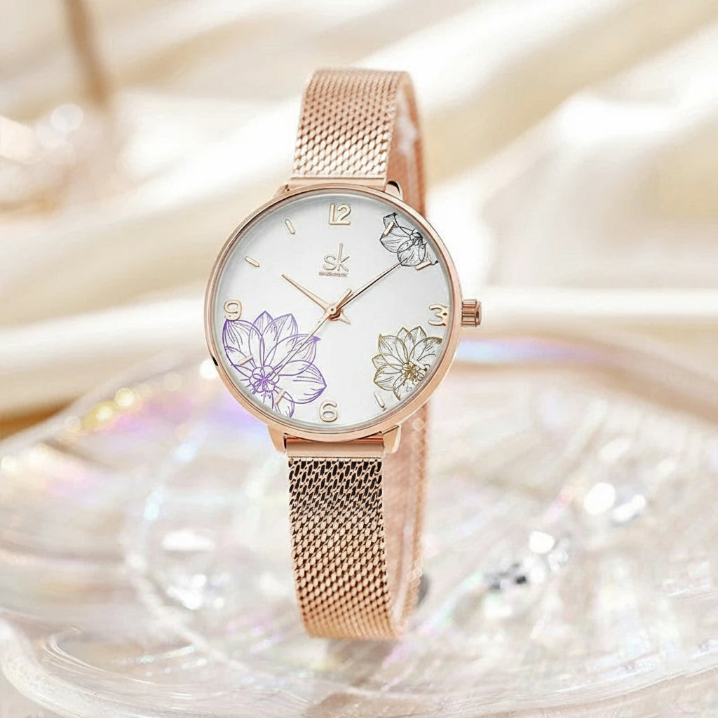 Watch Floral Dial Mesh Strap Timepiece for Everyday - WO2MEN