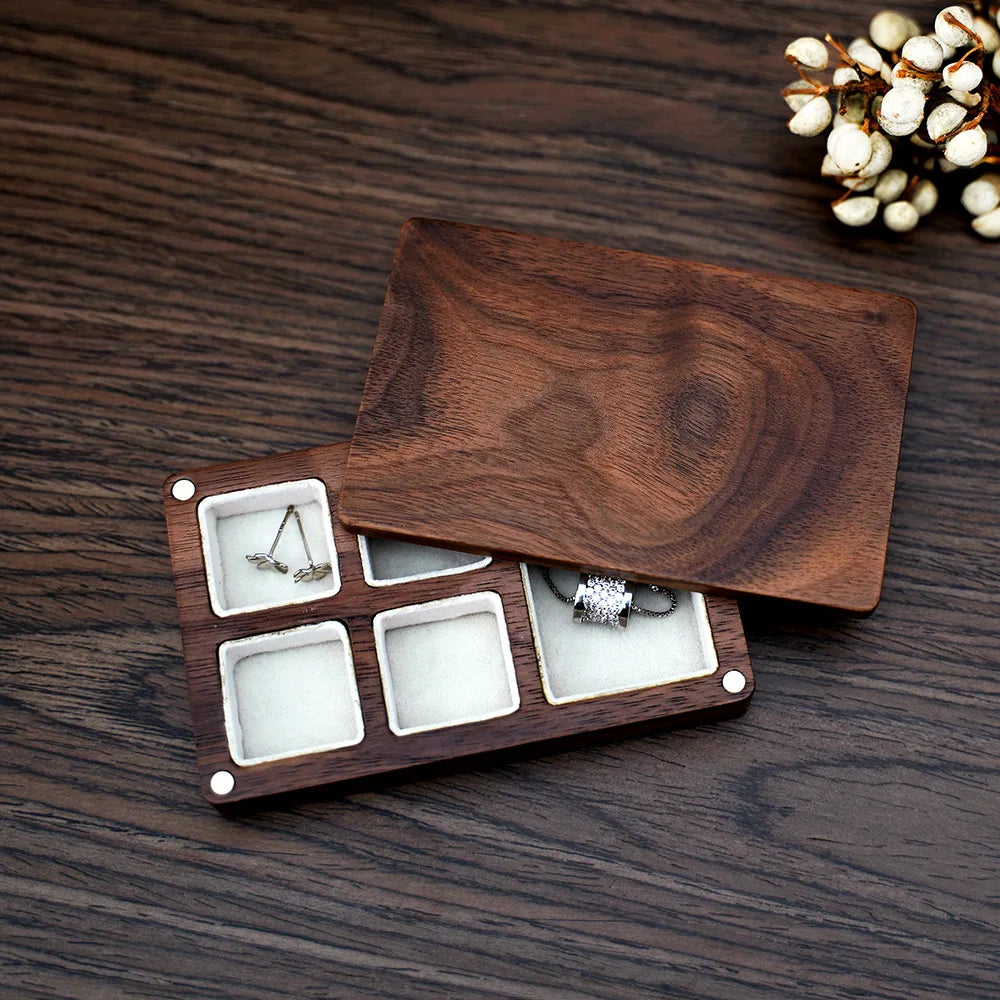 Walnut Jewelry Display Box with Six Compartments