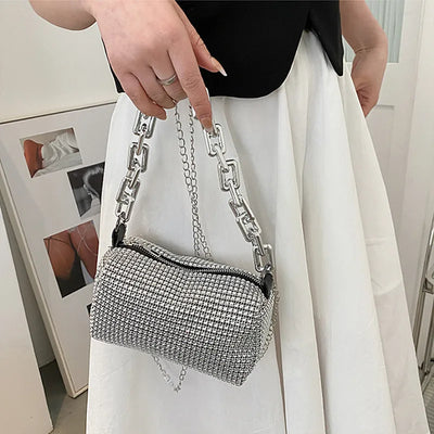 Rhinestone Cascade Bucket Bag With Crystal Chain Detail
