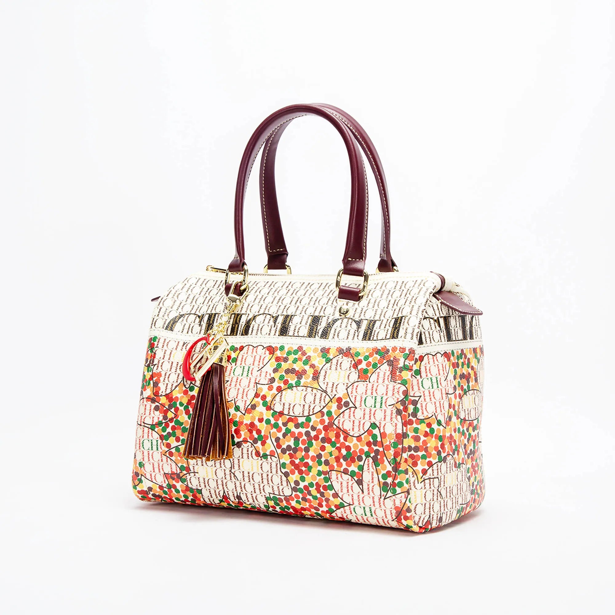 Refined Jacquard Motif Bowling Handbag with Tassel