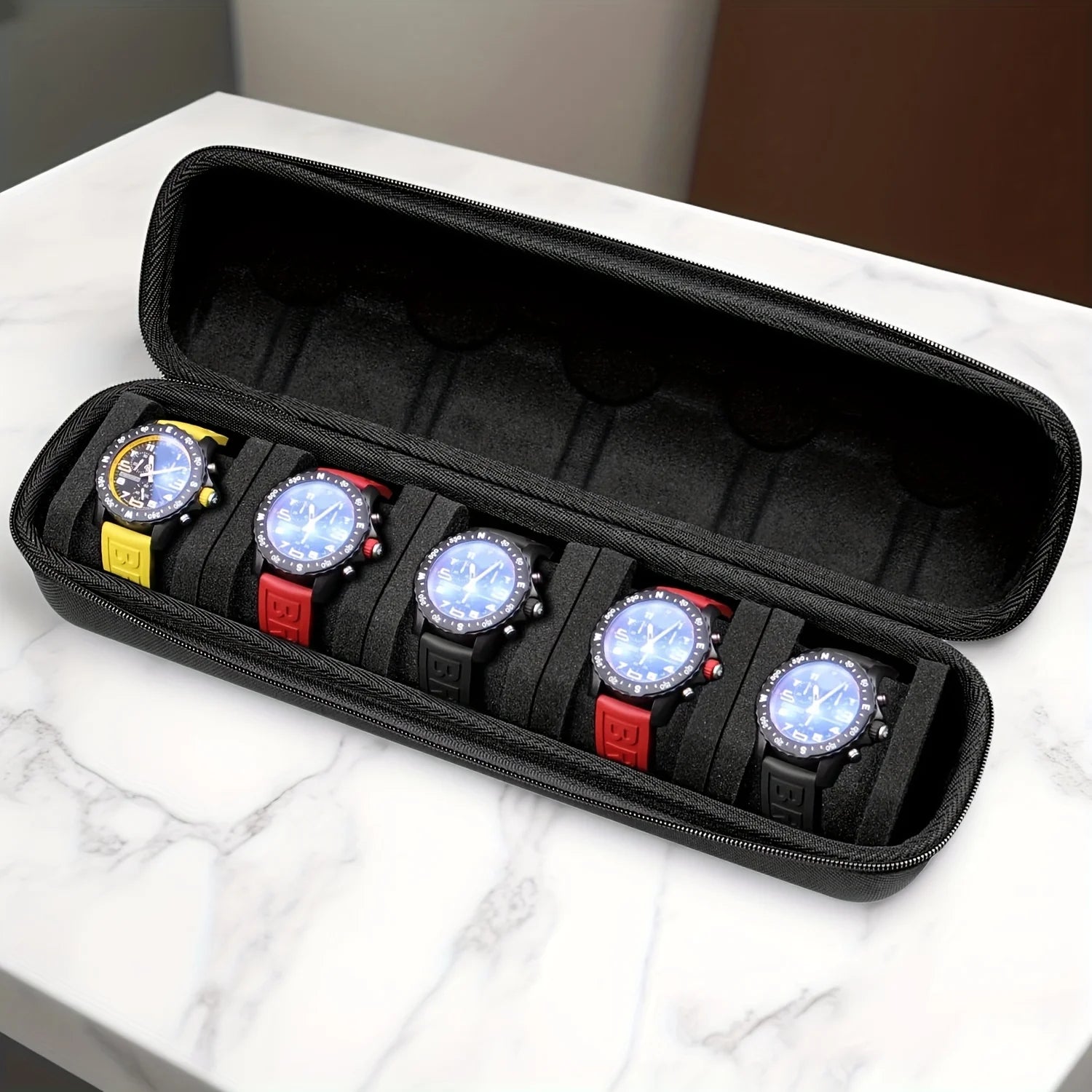 Refined Five Slot Watch Case for Travel with Cushions