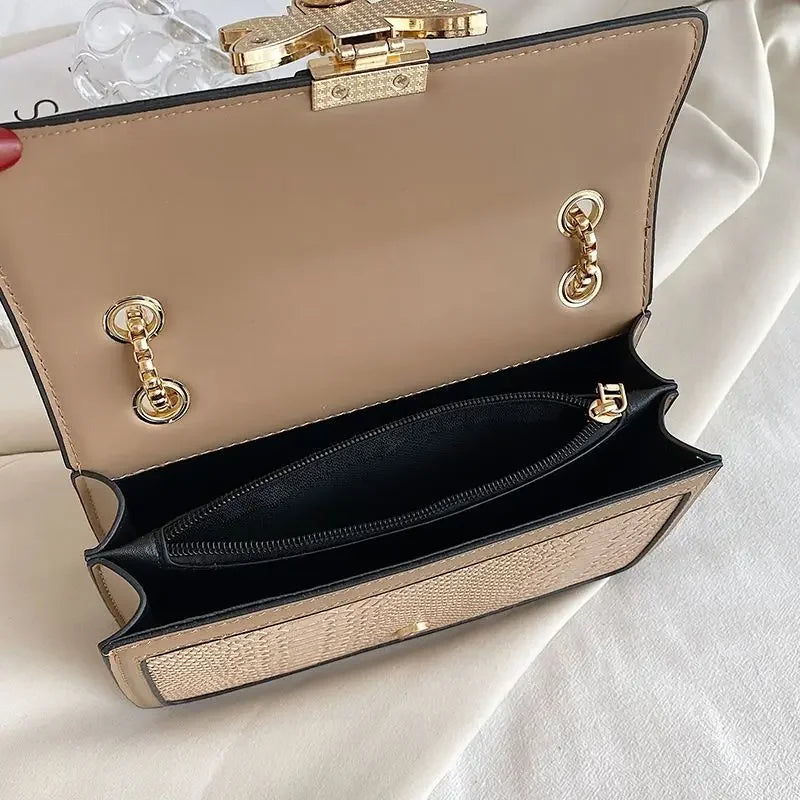 Crocodile Print Crossbody Bag Bee Lock Charm Chain
