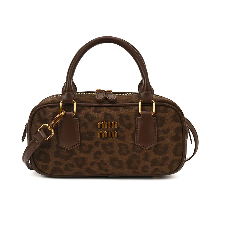 Leopard Bowler Bag With Gold Hardware And Top Handles