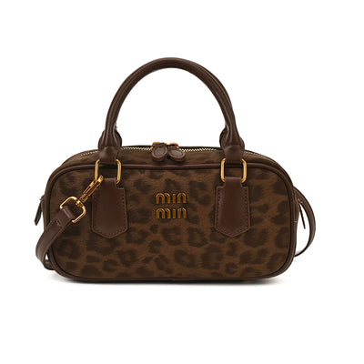 Leopard Bowler Bag With Gold Hardware And Top Handles