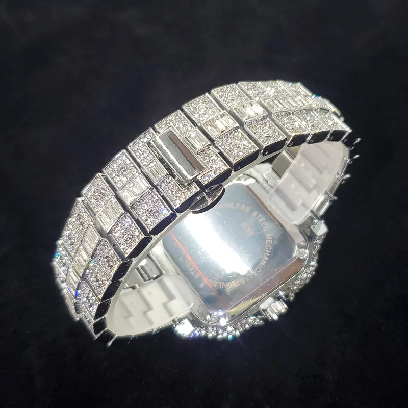 Diamond Paved Square Watch with Roman Numerals