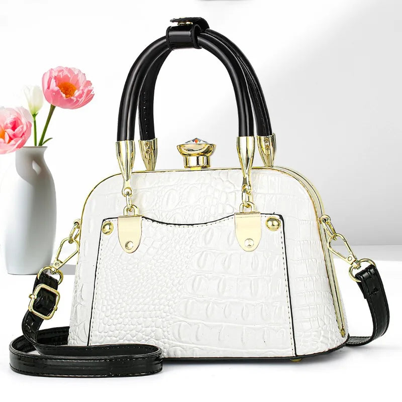 Crocodile Pattern Shoulder Bag with Gold Hardware