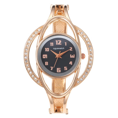 New Womens Gold Metal Wristwatch with Crystal Accents