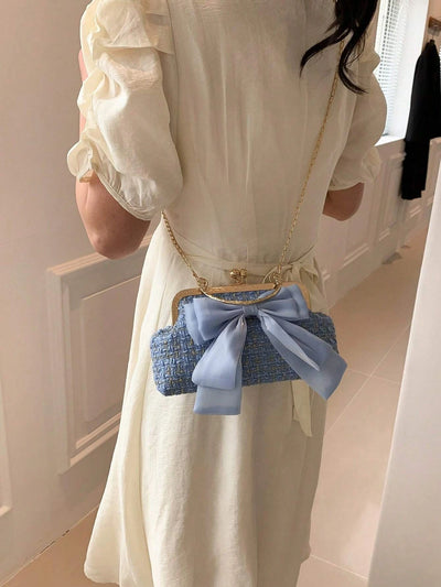 Elegant Handbag With Bow And Plaid Weave Chain Detail - WO2MEN