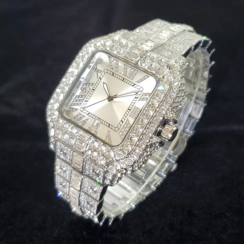 Diamond Watch Stainless Steel Case And Band Square Dial - Silver White