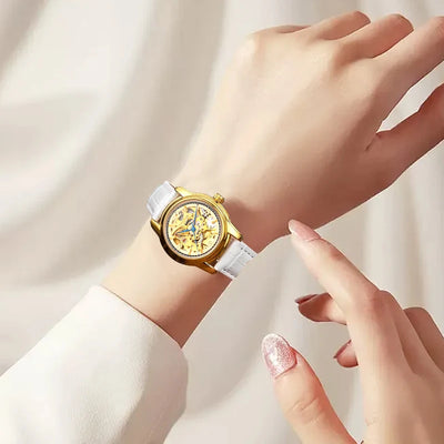 Women Automatic Skeleton Watch with Leather Strap