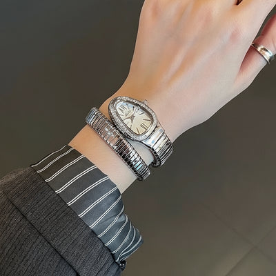 Gilded Crystal Snake Bangle Watch with Diamond Rim