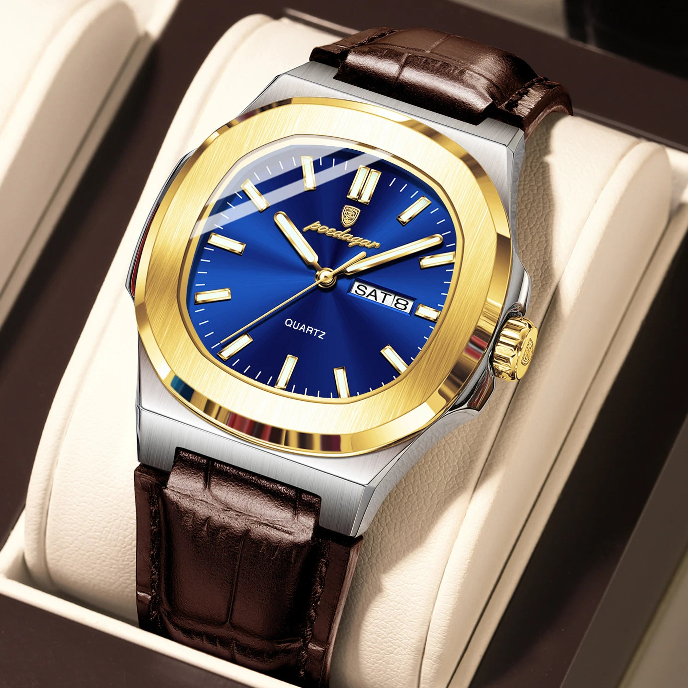 Watch Square Case Leather Strap with Date Window