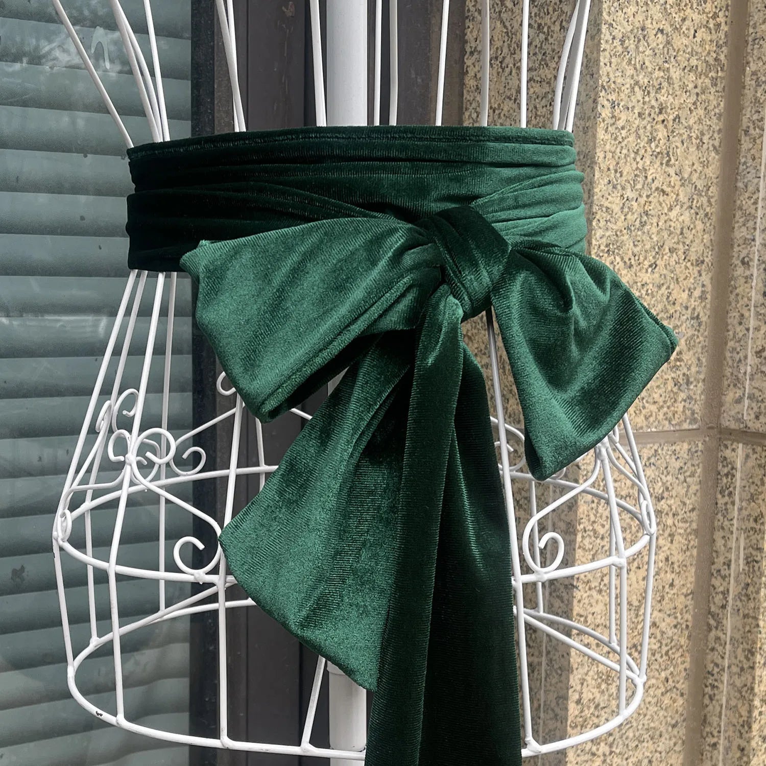 Velvet Bowknot Self Tie Waist Belt with Ribbon Ends