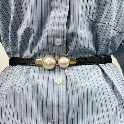 Korean Women Thin Elastic Belt Double Pearl Buckle